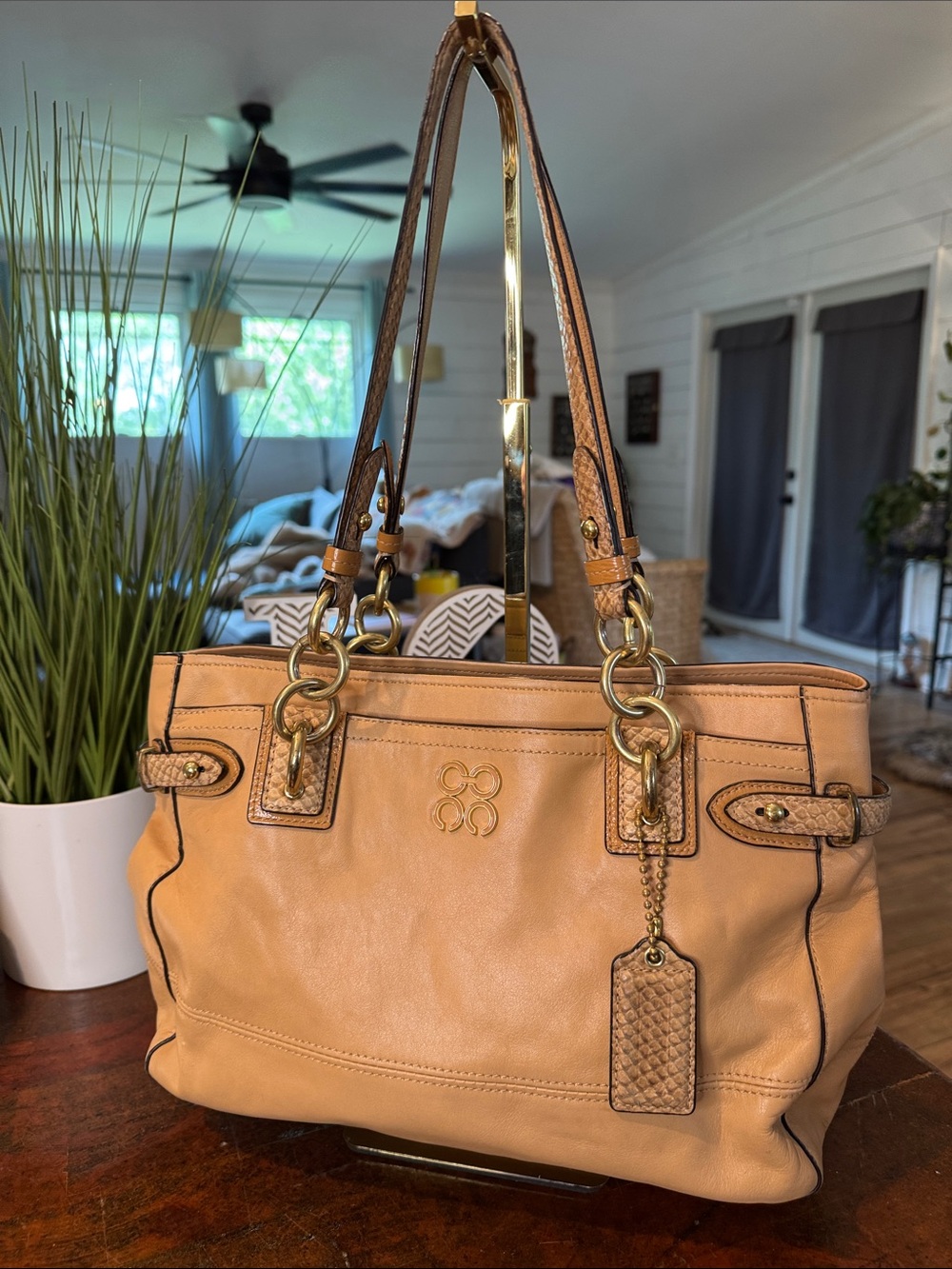 Coach Tan Leather Shoulder Bag with Gold Hardware